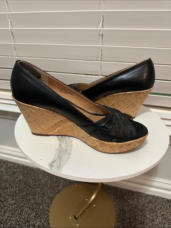Sofft Shoes - Sofft Black Leather Peep-Toe Cork Wedge Heels